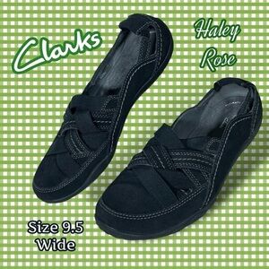 Clarks Haley Rose Womens Black Suede Criss Cross Loafer Flat Shoes Size 9.5 Wide